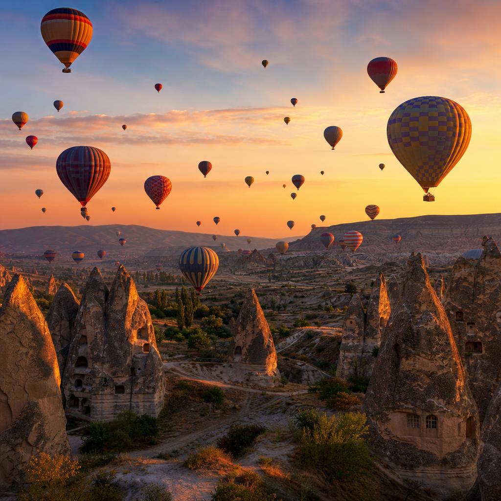 Hot air balloons over the valleys of Cappadocia, Türkiye